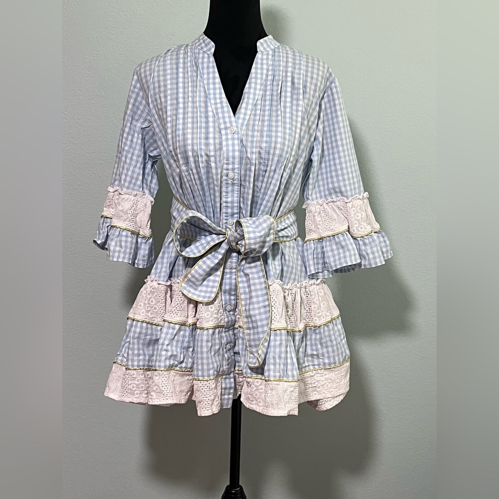 Light Blue Gingham Tiered Mini Dress with Lace Trim